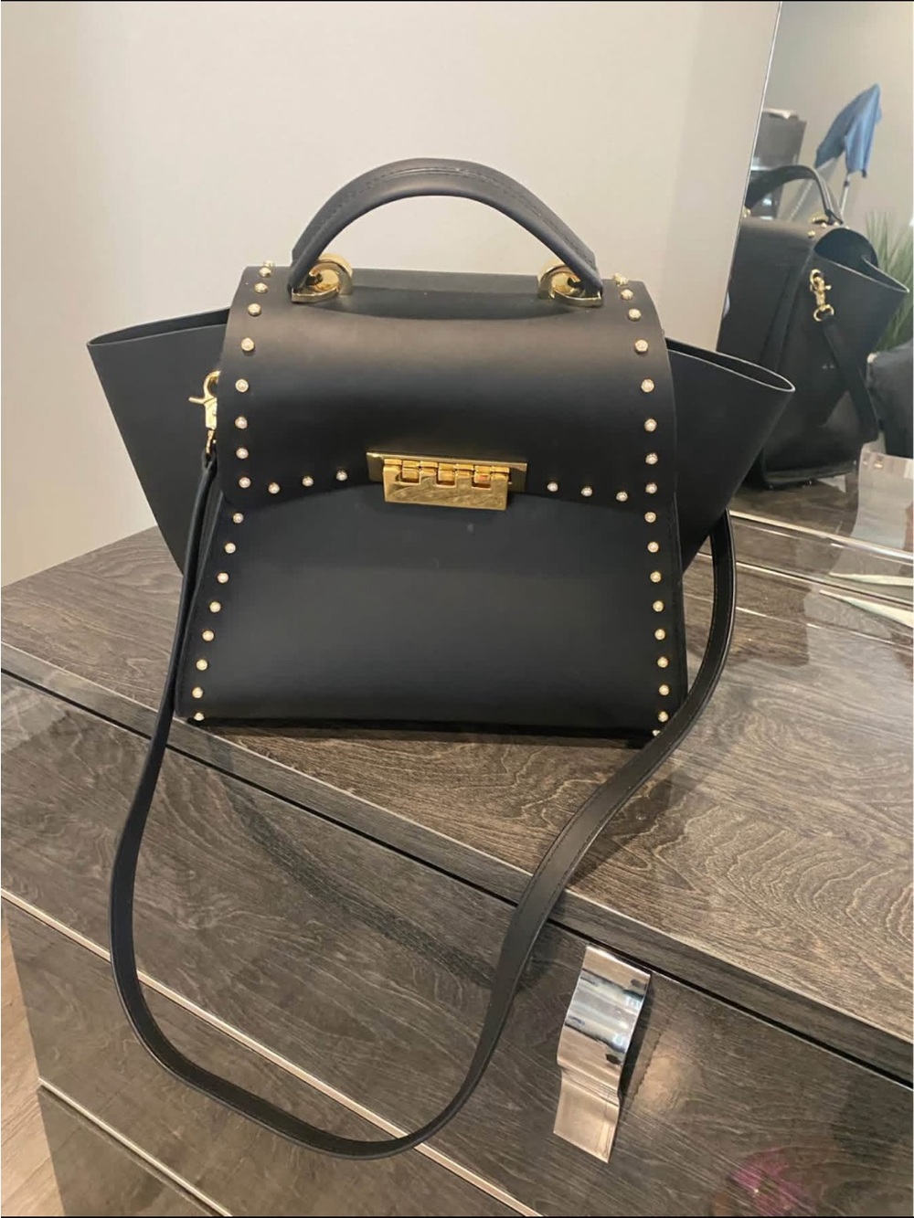 Zac Zac Posen Black Stud-Trim Structured Top-Handle Bag with Gold Hardware